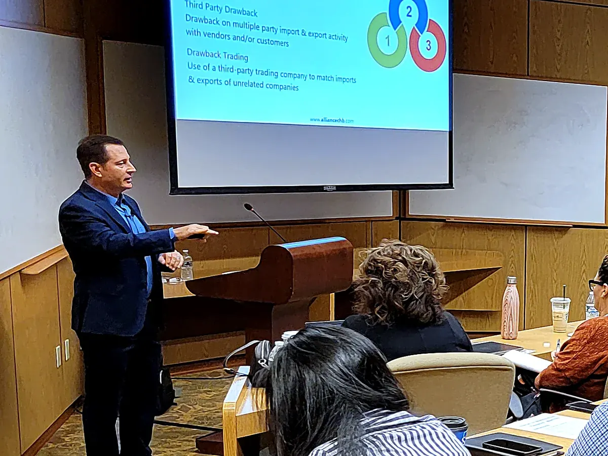 Anthony Nogueras presenting the three categories of drawback recovery at an industry conference